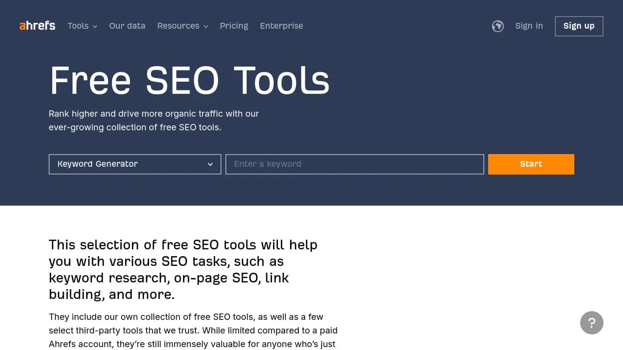 Screenshot of Ahref Free SEO Tools website