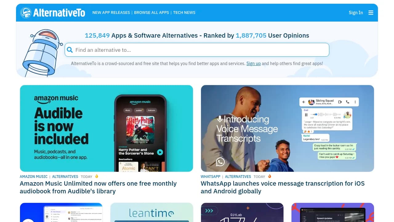 Screenshot of AlternativeTo website