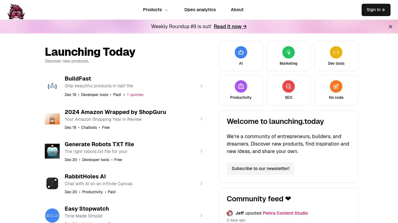 Screenshot of Launching Today website