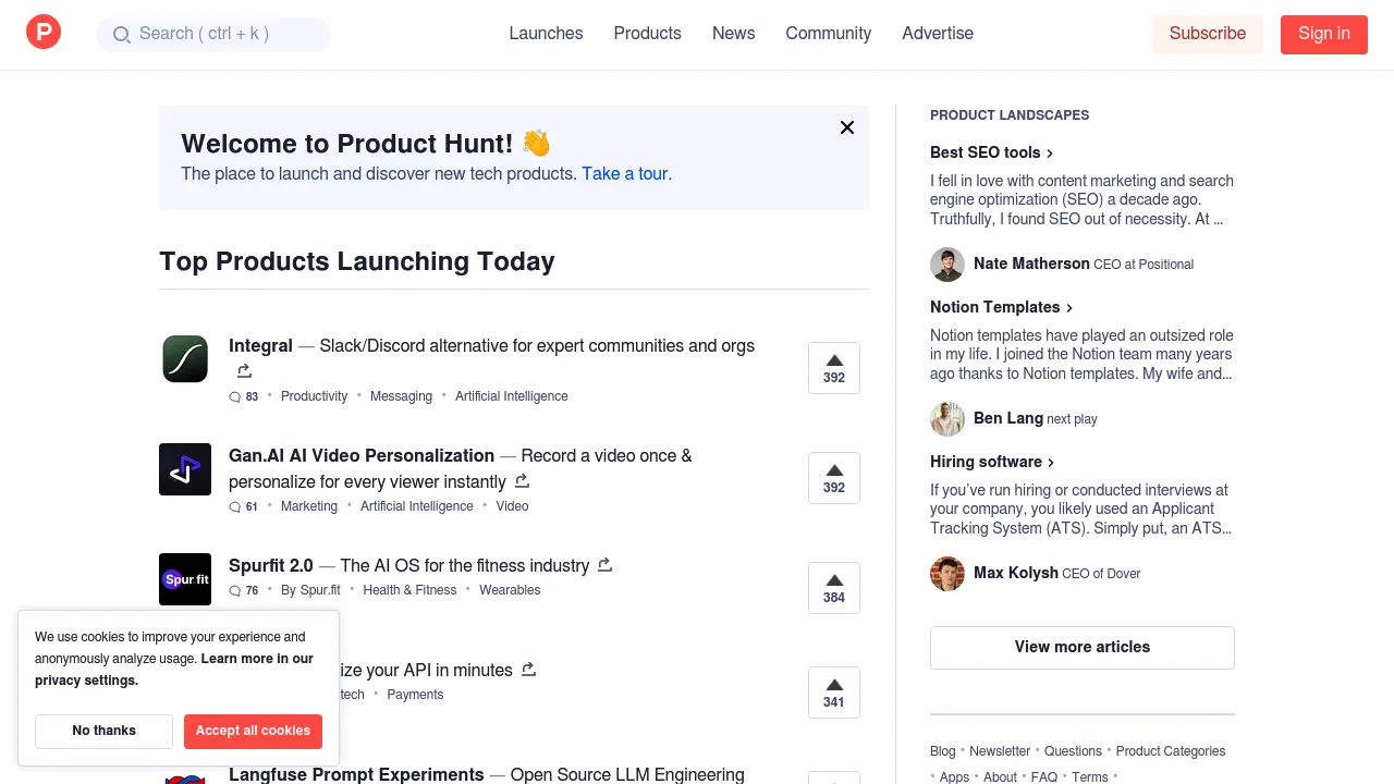 Screenshot of Product Hunt website