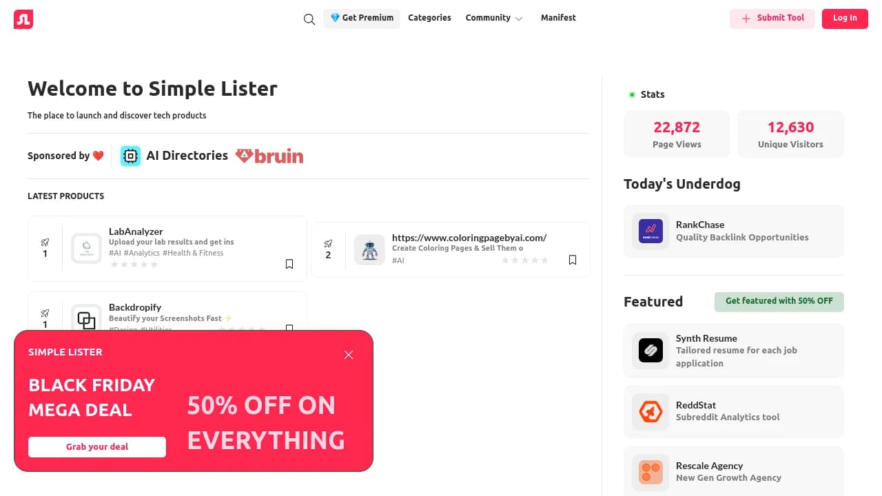 Screenshot of Simple Lister website