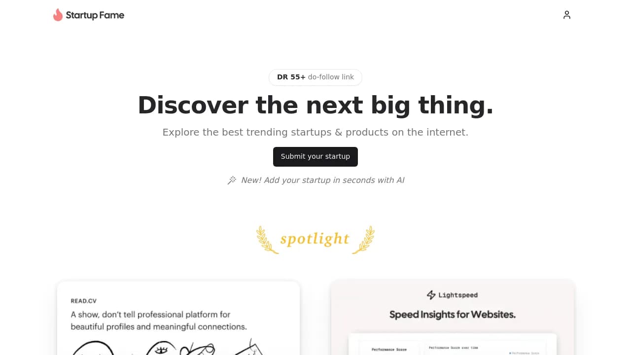 Screenshot of Startup Fame website