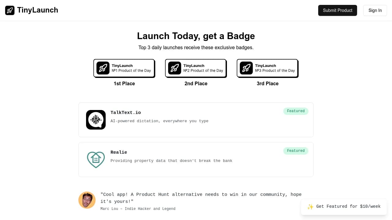 Screenshot of Tinylaunch website